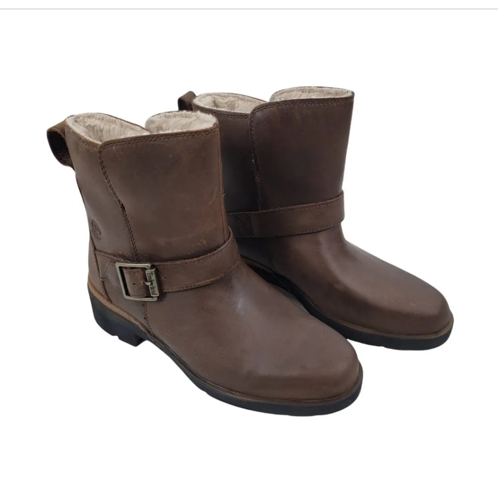 Timberland Brown Leather Shearling-Lined Combat Moto Boots